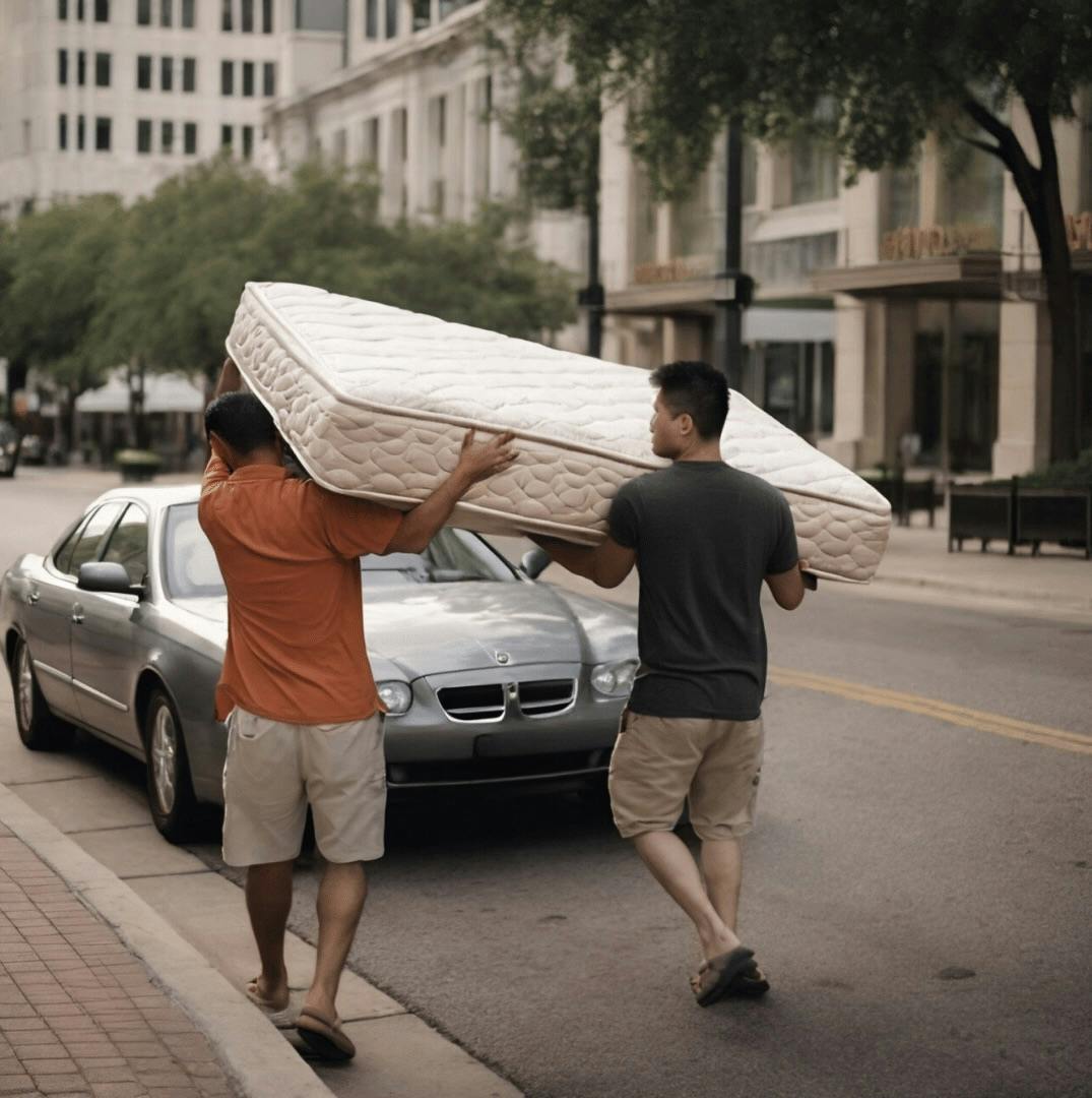 Two men carrying a mattress to a car