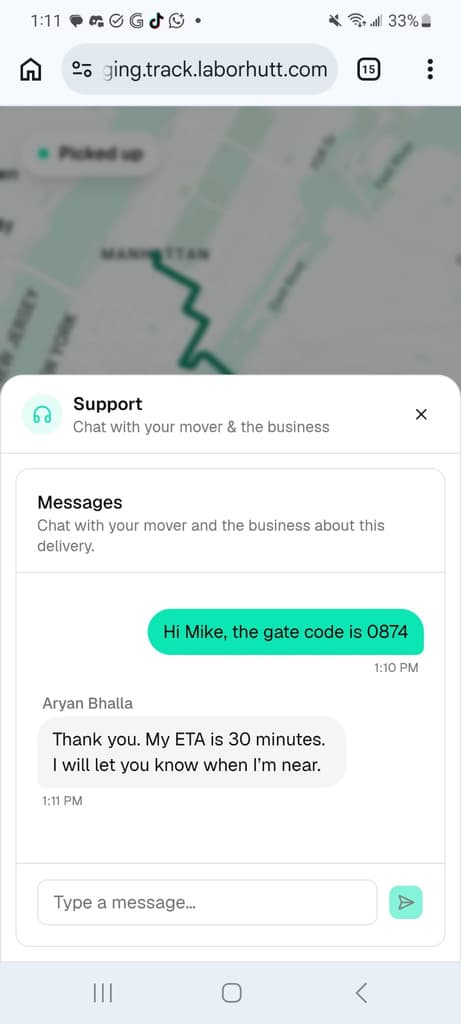 Driver and customer chat in the app