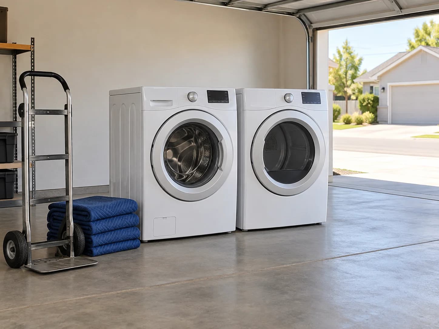 Illustration of a washer and dryer ready for collection with moving blankets and an appliance dolly