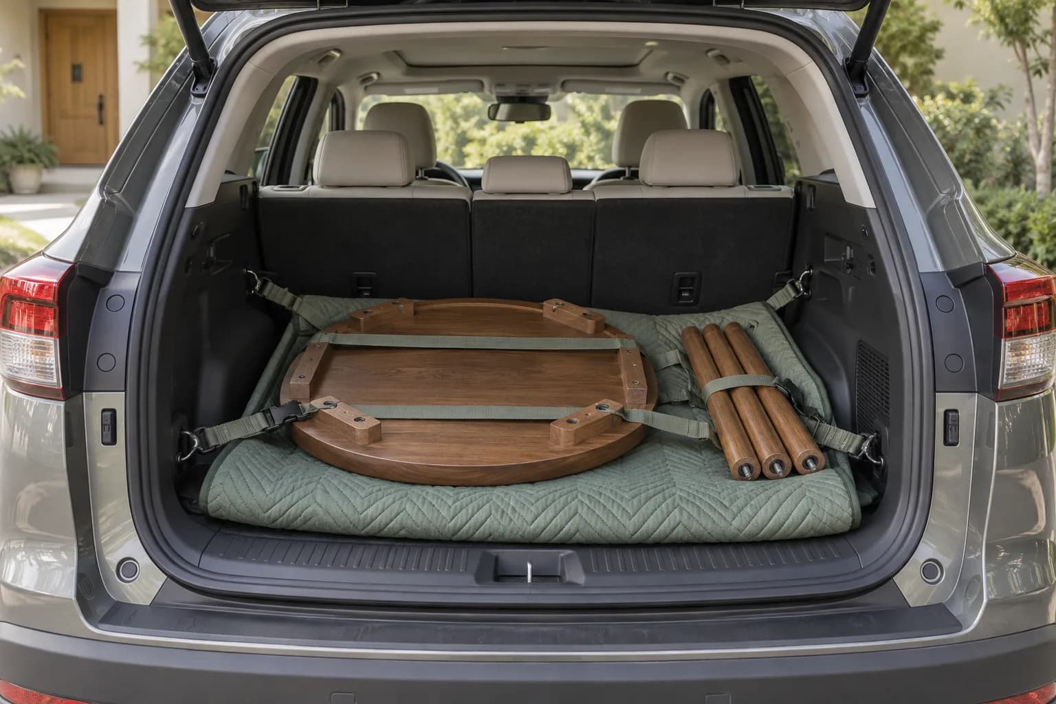 A padded disassembled side table secured inside an SUV