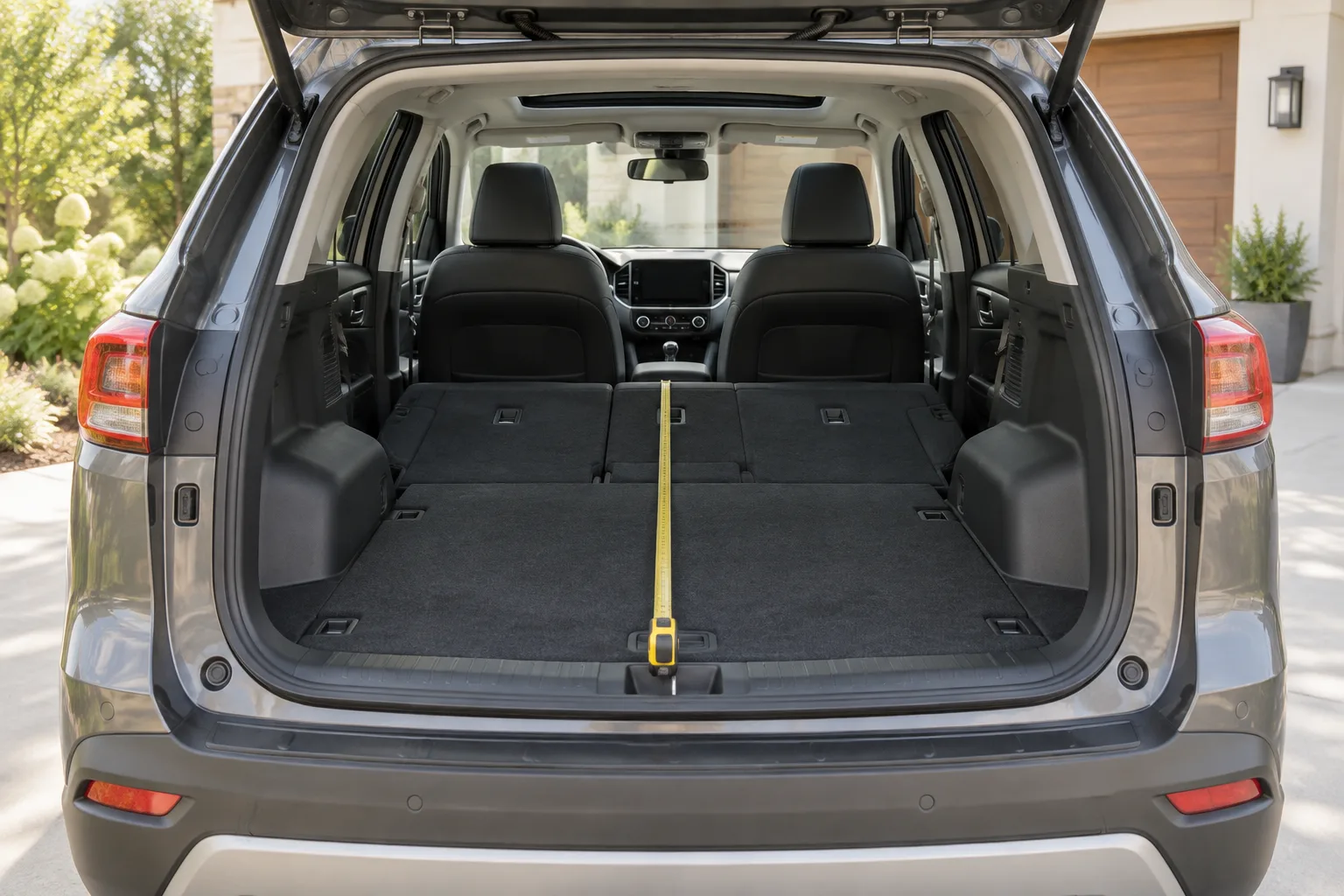 An open SUV cargo area with folded seats and a tape measure along the floor