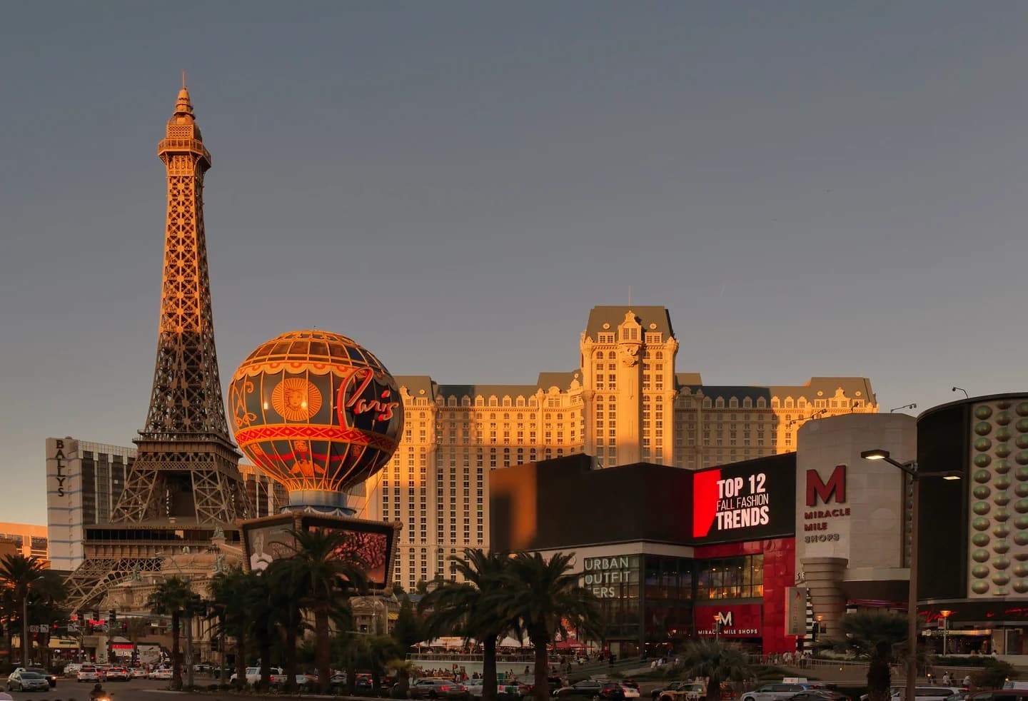 Las Vegas Strip skyline with the Paris Las Vegas Eiffel Tower at sunset