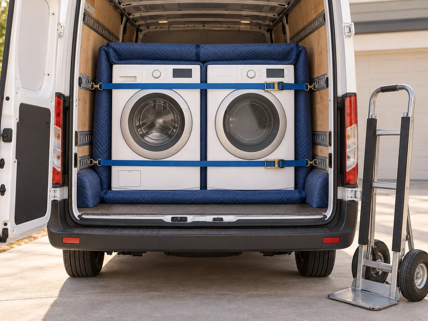 Illustration of a washer and dryer secured in a moving van with protective blankets and an appliance dolly