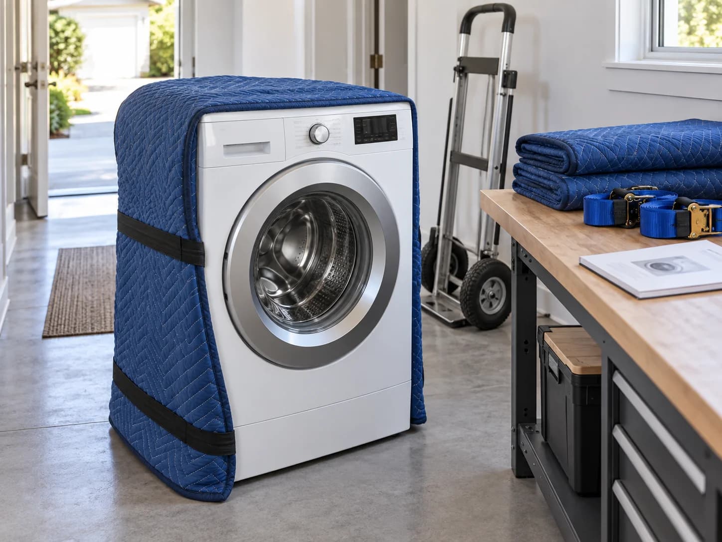 Illustration of a washing machine protected for transport beside moving straps and an appliance dolly