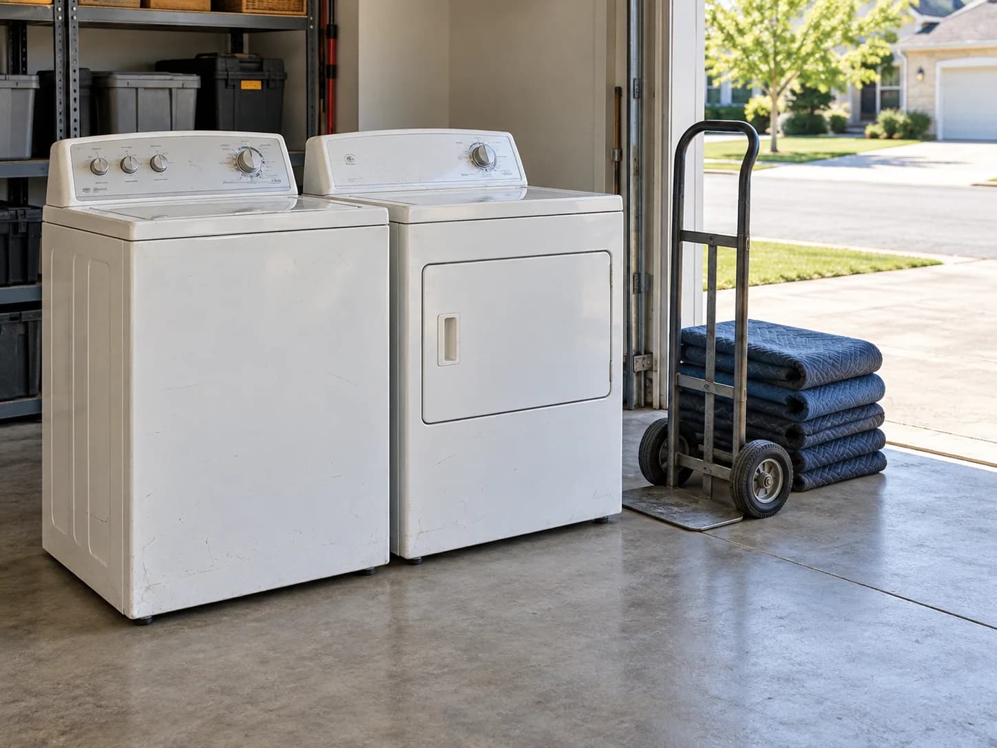Illustration of an old washer and dryer ready for removal from a garage