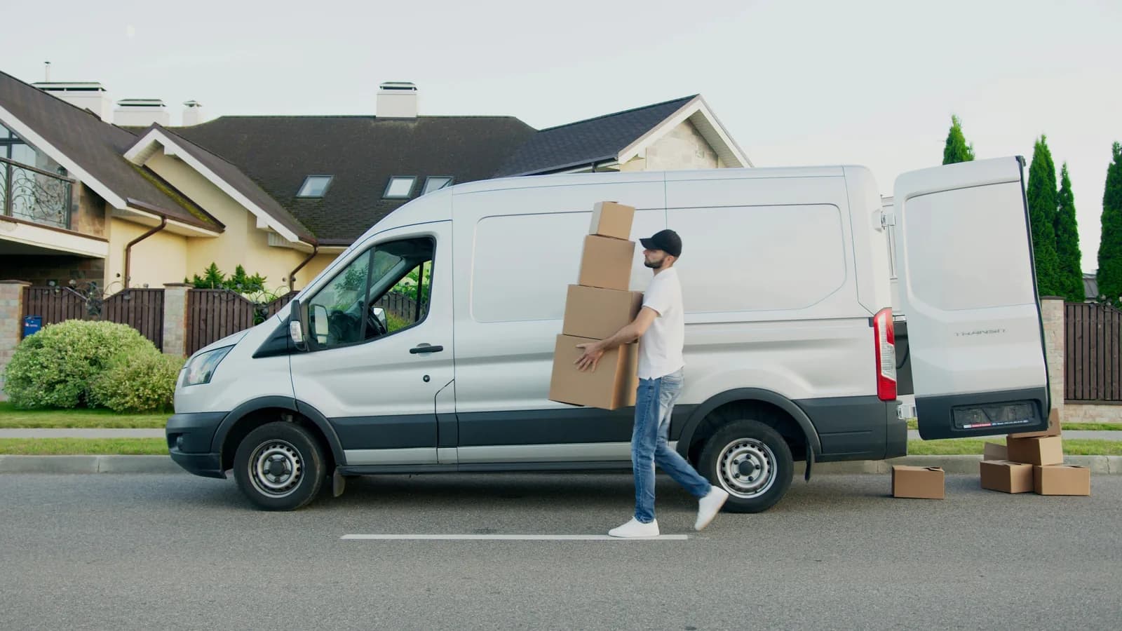 A delivery van on a residential street